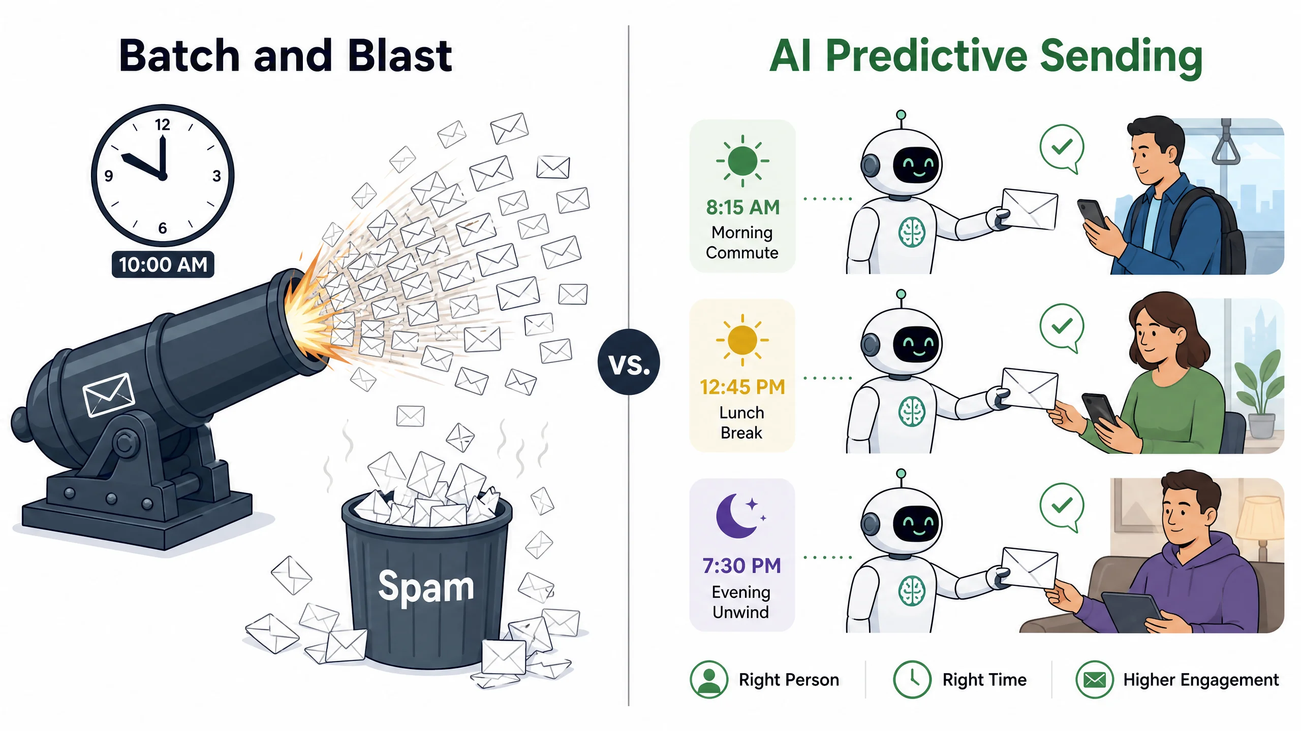 A split-screen visual comparing 'Batch and Blast' vs 'AI Predictive Sending'. On the left, a giant cannon firing hundreds of envelopes all at once towards a single clock reading 10:00 AM. On the right, a smart AI brain gently handing individual envelopes to different users at different times (8:00 AM, 2:00 PM, 11:00 PM) based on their personal habits.